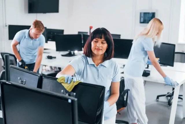 Ein Team von Reinigungskräften bei der Büroreinigung